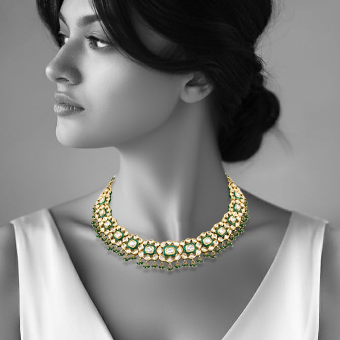 Green Enamel Polki Necklace with Emerald Beads